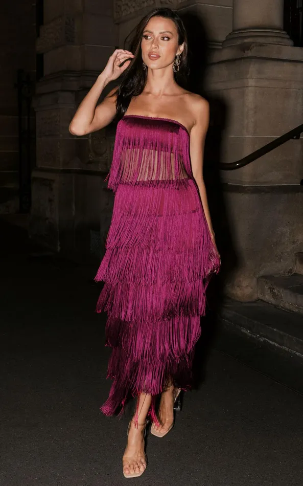 Showpo Amalee Two Piece Set 8211 Fringe Strapless Crop Top And Midi Skirt Set In Mulberry Women Two Piece Sets and Coords