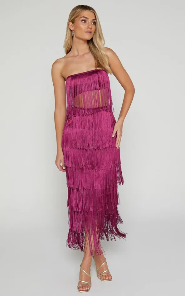 Showpo Amalee Two Piece Set 8211 Fringe Strapless Crop Top And Midi Skirt Set In Mulberry Women Two Piece Sets and Coords