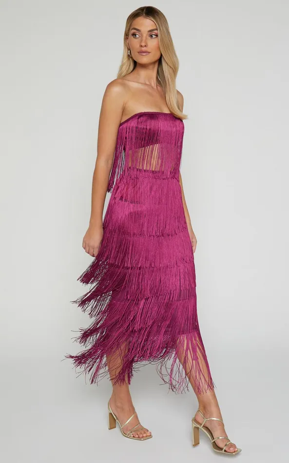 Showpo Amalee Two Piece Set 8211 Fringe Strapless Crop Top And Midi Skirt Set In Mulberry Women Two Piece Sets and Coords