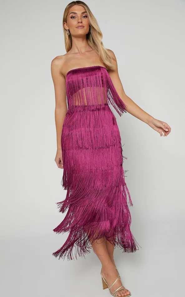 Showpo Amalee Two Piece Set 8211 Fringe Strapless Crop Top And Midi Skirt Set In Mulberry Women Two Piece Sets and Coords