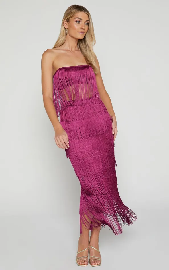 Showpo Amalee Two Piece Set 8211 Fringe Strapless Crop Top And Midi Skirt Set In Mulberry Women Two Piece Sets and Coords