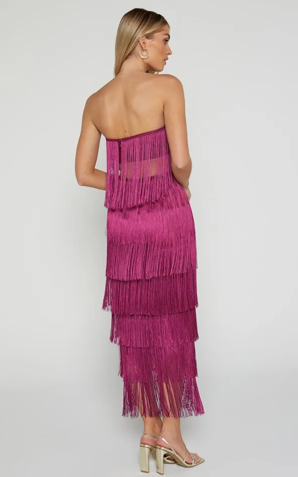 Showpo Amalee Two Piece Set 8211 Fringe Strapless Crop Top And Midi Skirt Set In Mulberry Women Two Piece Sets and Coords