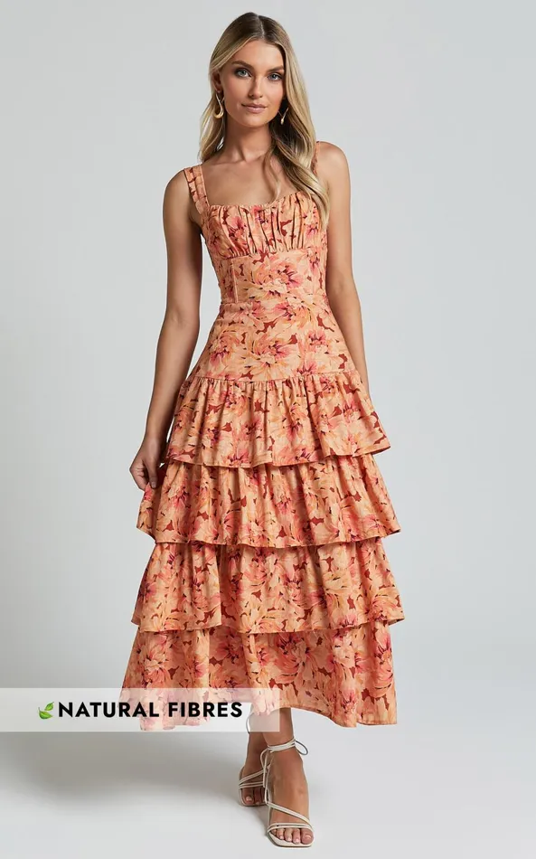 Showpo Amalie The Label 8211 Adela Linen Blend Tiered Midi Dress In Valencia Print Women Dresses Showpo Amalie The Label 8211 Adela Linen Blend Tiered Midi Dress In Valencia Print Women Dresses