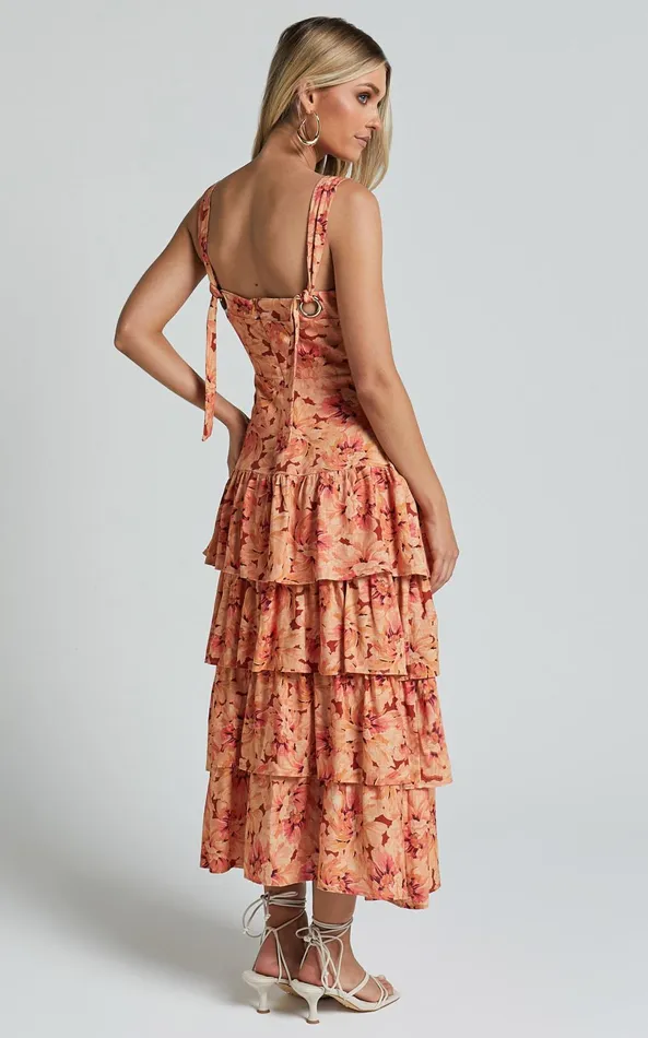 Showpo Amalie The Label 8211 Adela Linen Blend Tiered Midi Dress In Valencia Print Women Dresses