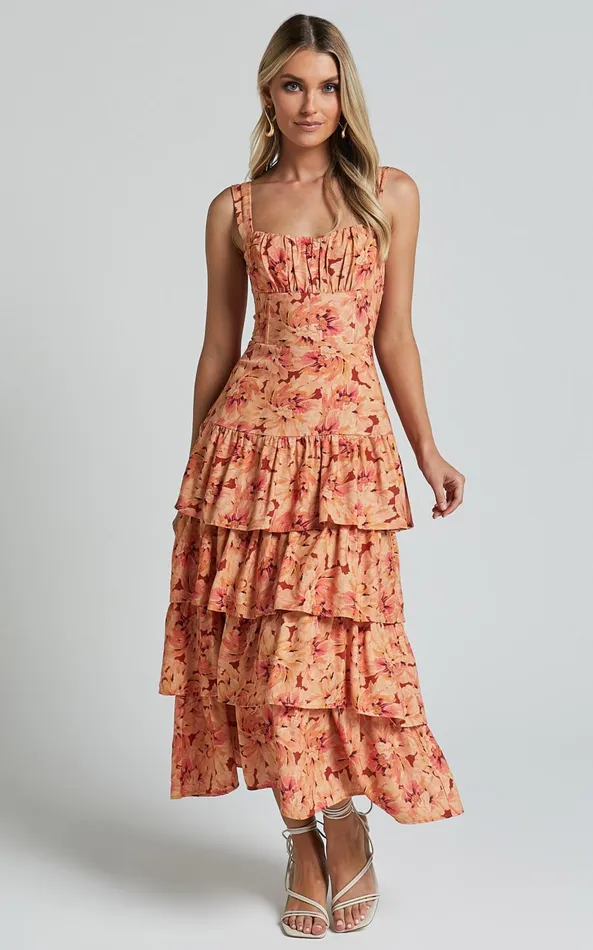 Showpo Amalie The Label 8211 Adela Linen Blend Tiered Midi Dress In Valencia Print Women Dresses