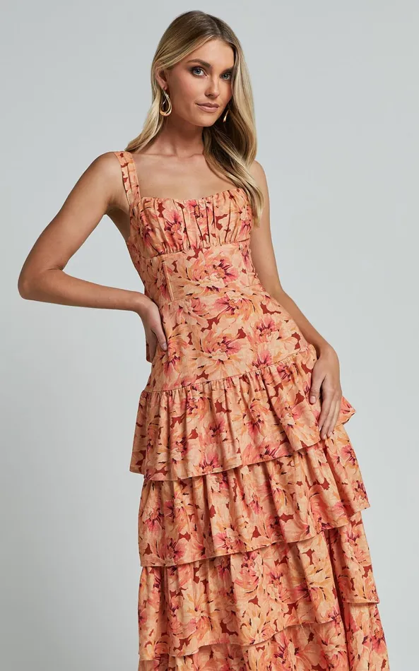 Showpo Amalie The Label 8211 Adela Linen Blend Tiered Midi Dress In Valencia Print Women Dresses