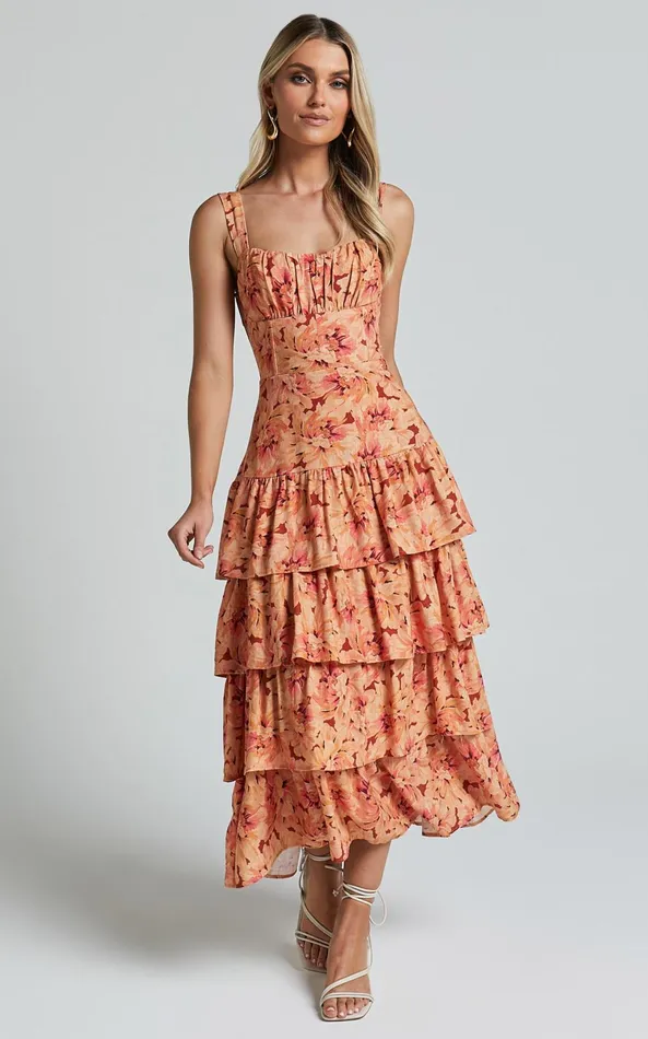 Showpo Amalie The Label 8211 Adela Linen Blend Tiered Midi Dress In Valencia Print Women Dresses