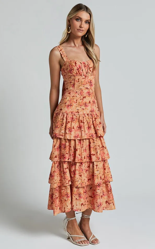 Showpo Amalie The Label 8211 Adela Linen Blend Tiered Midi Dress In Valencia Print Women Dresses