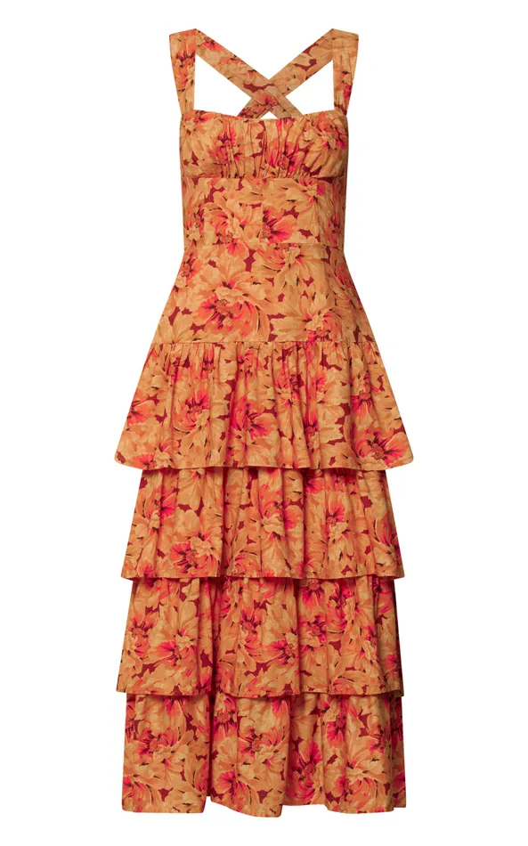 Showpo Amalie The Label 8211 Adela Linen Blend Tiered Midi Dress In Valencia Print Women Dresses