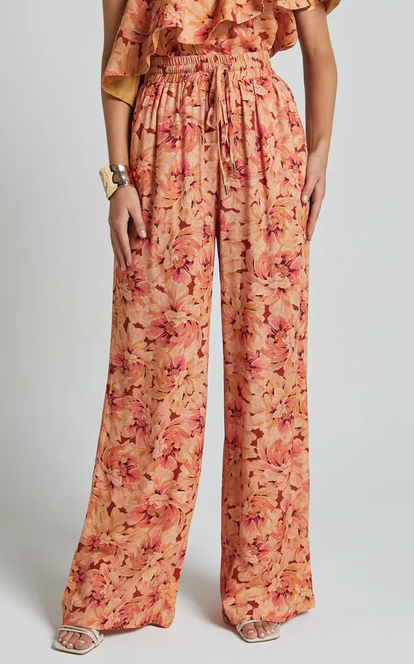 Showpo Amalie The Label 8211 Adrienne Linen Blend Drawstring Wide Leg Pants In Valencia Print Women Pants