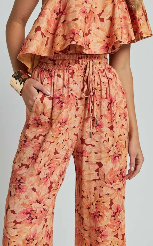 Showpo Amalie The Label 8211 Adrienne Linen Blend Drawstring Wide Leg Pants In Valencia Print Women Pants
