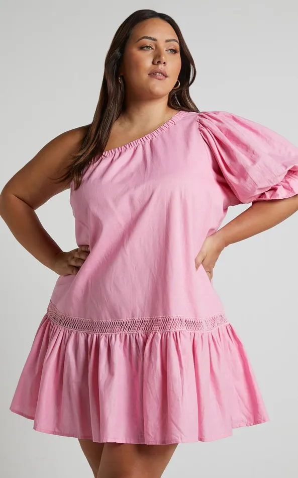 Showpo Amalie The Label 8211 Aimi Linen Blend One Shoulder Puff Sleeve Mini Dress In Pink Women Dresses