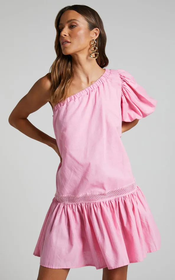 Showpo Amalie The Label 8211 Aimi Linen Blend One Shoulder Puff Sleeve Mini Dress In Pink Women Dresses