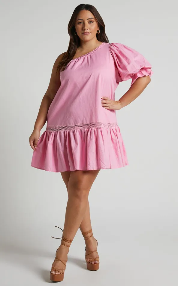 Showpo Amalie The Label 8211 Aimi Linen Blend One Shoulder Puff Sleeve Mini Dress In Pink Women Dresses