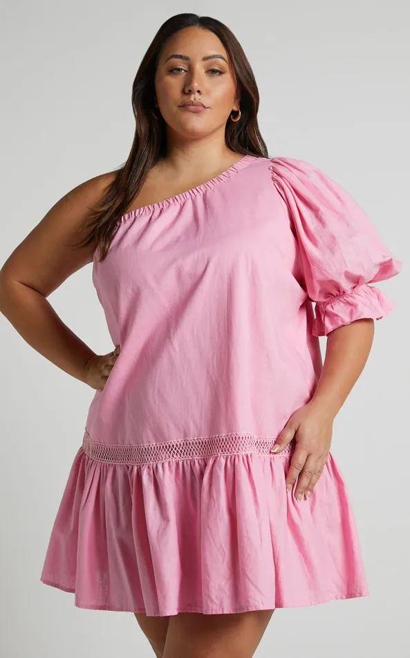 Showpo Amalie The Label 8211 Aimi Linen Blend One Shoulder Puff Sleeve Mini Dress In Pink Women Dresses