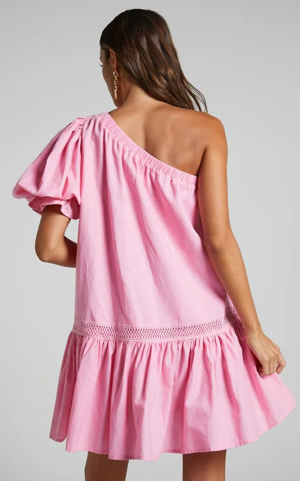 Showpo Amalie The Label 8211 Aimi Linen Blend One Shoulder Puff Sleeve Mini Dress In Pink Women Dresses