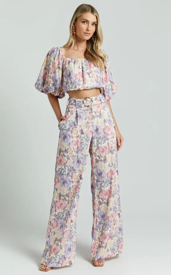 Showpo Amalie The Label 8211 Aldina Linen Blend High Waisted Belted Straight Leg Pants In Aurora Print Women Pants