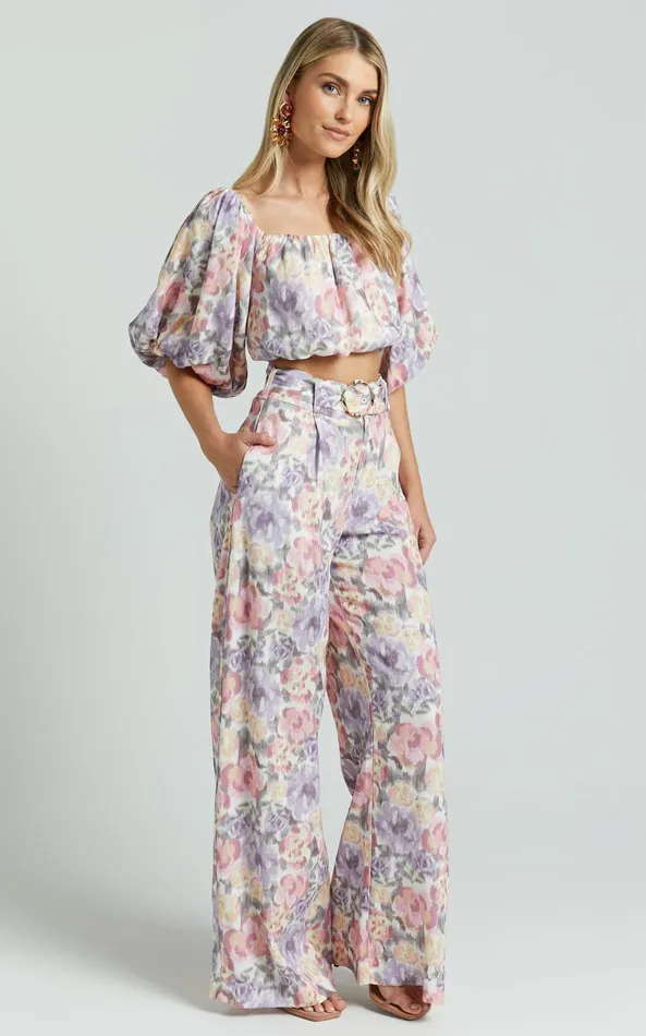 Showpo Amalie The Label 8211 Aldina Linen Blend High Waisted Belted Straight Leg Pants In Aurora Print Women Pants