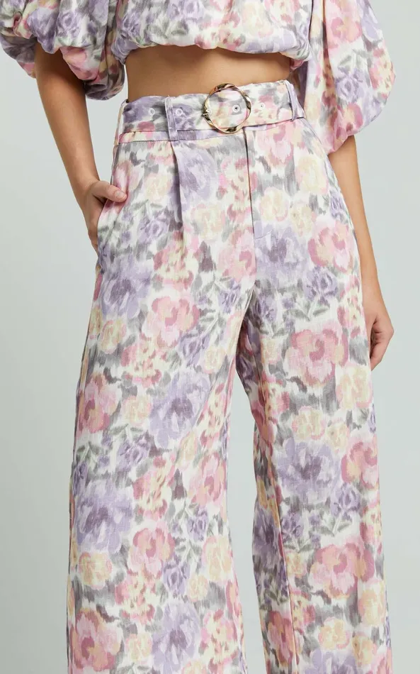 Showpo Amalie The Label 8211 Aldina Linen Blend High Waisted Belted Straight Leg Pants In Aurora Print Women Pants