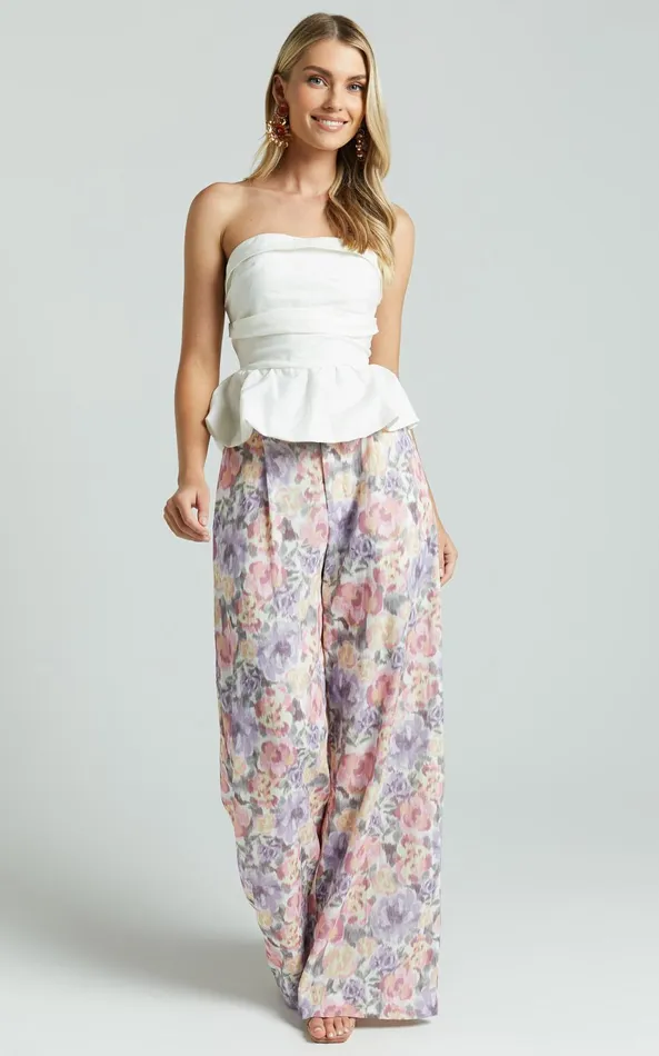 Showpo Amalie The Label 8211 Aldina Linen Blend High Waisted Belted Straight Leg Pants In Aurora Print Women Pants