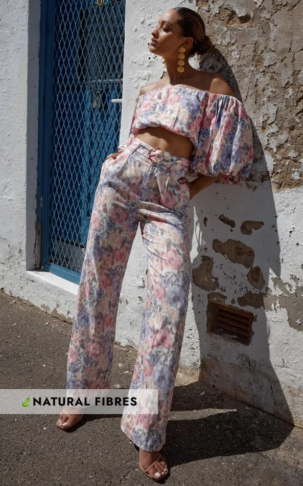 Showpo Amalie The Label 8211 Aldina Linen Blend High Waisted Belted Straight Leg Pants In Aurora Print Women Pants