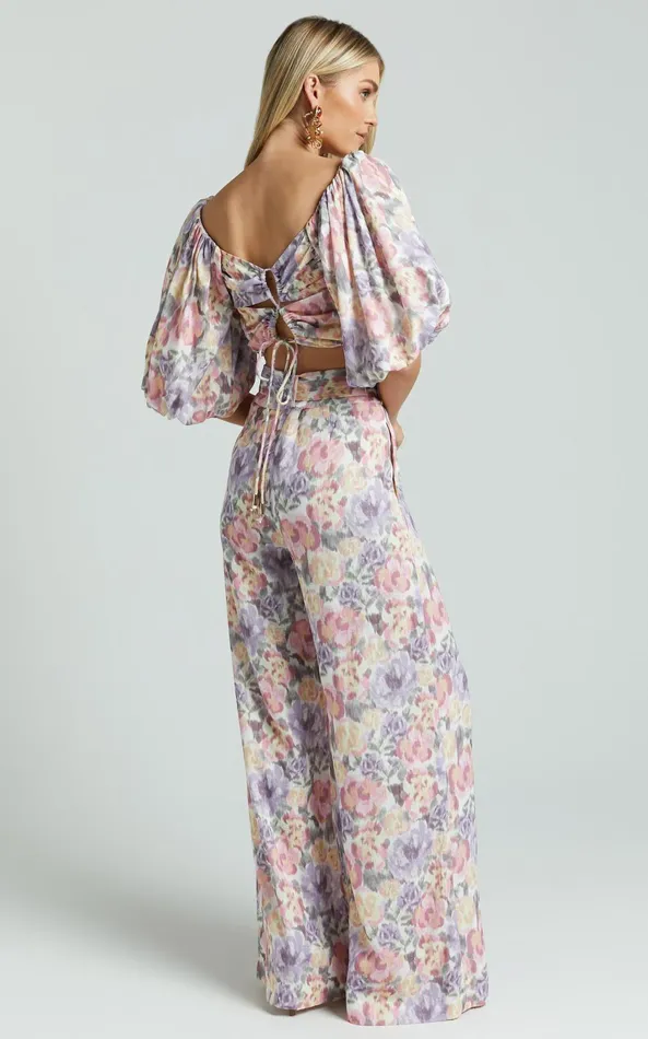 Showpo Amalie The Label 8211 Aldina Linen Blend High Waisted Belted Straight Leg Pants In Aurora Print Women Pants