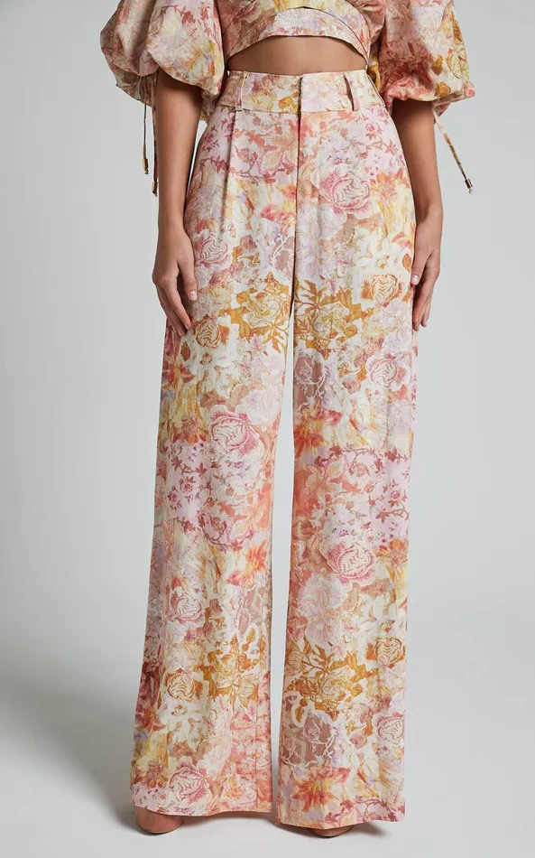 Showpo Amalie The Label 8211 Aldina Linen Blend High Waisted Belted Straight Leg Pants In Morocco Print Women Pants