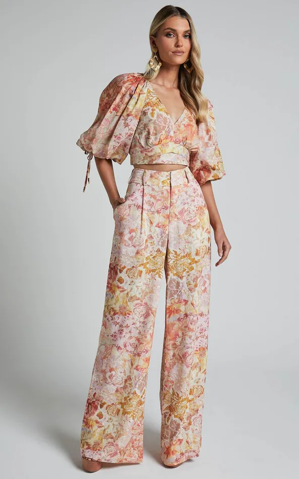 Showpo Amalie The Label 8211 Aldina Linen Blend High Waisted Belted Straight Leg Pants In Morocco Print Women Pants