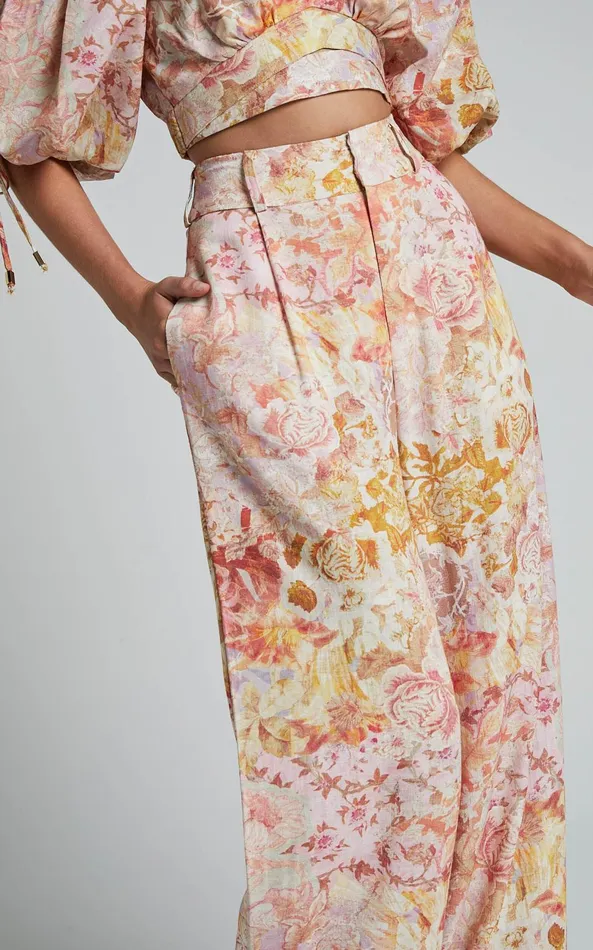 Showpo Amalie The Label 8211 Aldina Linen Blend High Waisted Belted Straight Leg Pants In Morocco Print Women Pants