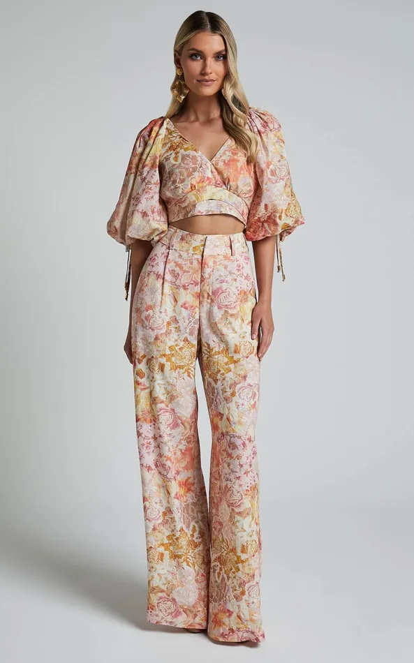Showpo Amalie The Label 8211 Aldina Linen Blend High Waisted Belted Straight Leg Pants In Morocco Print Women Pants