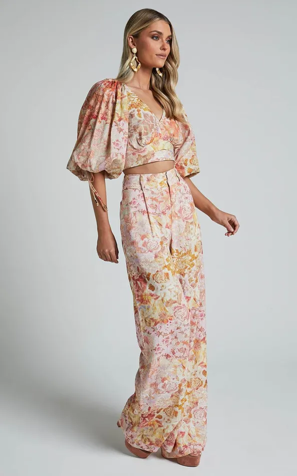 Showpo Amalie The Label 8211 Aldina Linen Blend High Waisted Belted Straight Leg Pants In Morocco Print Women Pants
