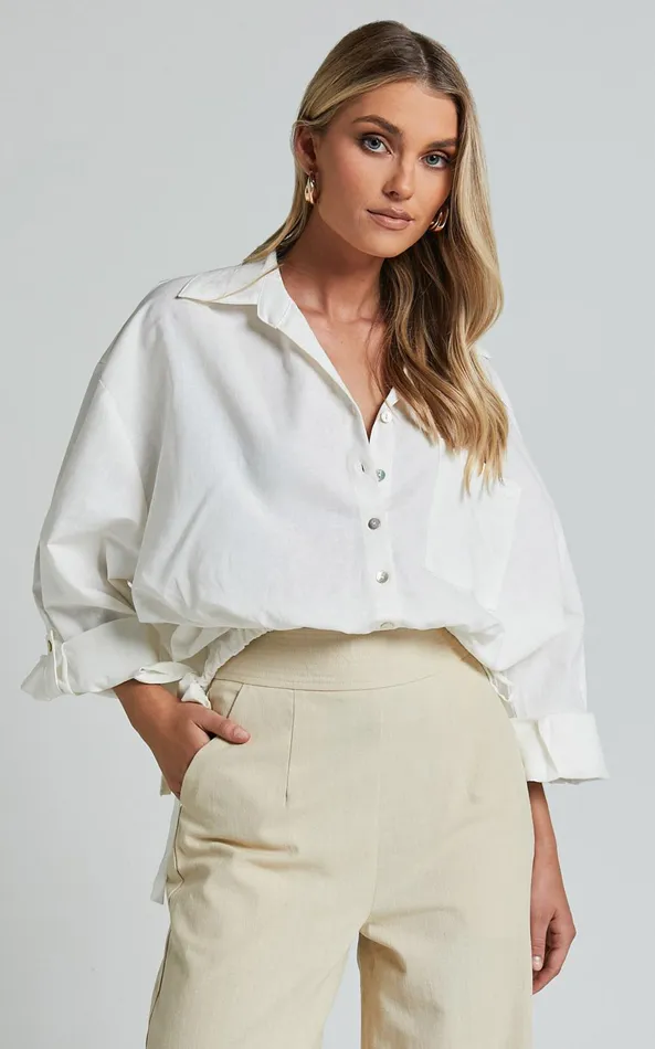 Showpo Amalie The Label 8211 Alecia Linen Blend Side Tie Cropped Blouse In White Women Tops