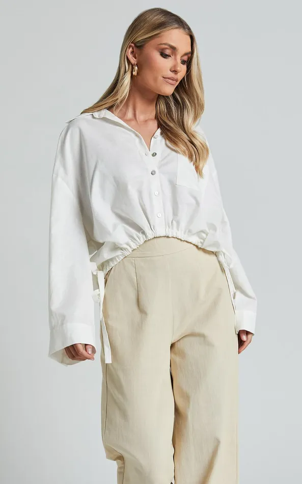 Showpo Amalie The Label 8211 Alecia Linen Blend Side Tie Cropped Blouse In White Women Tops