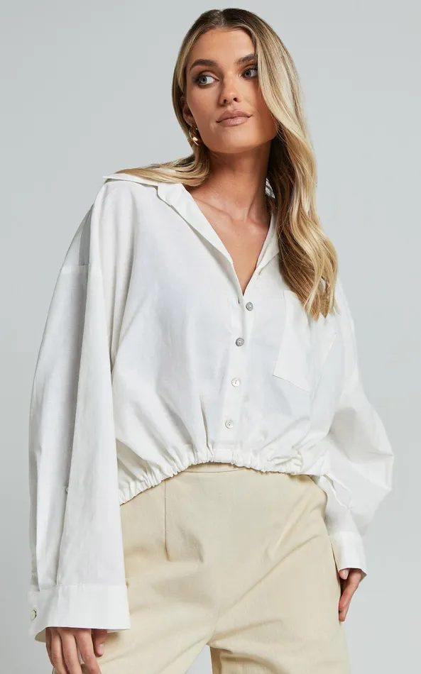 Showpo Amalie The Label 8211 Alecia Linen Blend Side Tie Cropped Blouse In White Women Tops
