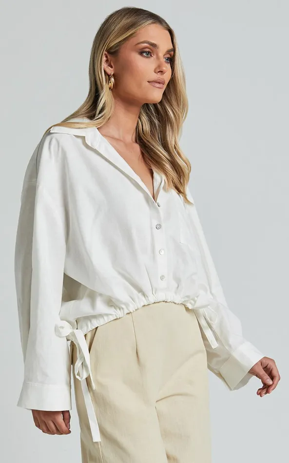 Showpo Amalie The Label 8211 Alecia Linen Blend Side Tie Cropped Blouse In White Women Tops
