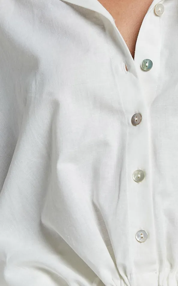 Showpo Amalie The Label 8211 Alecia Linen Blend Side Tie Cropped Blouse In White Women Tops