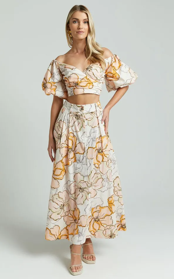 Showpo Amalie The Label 8211 Alienor Linen Blend High Waisted Midi Skirt In Maison Fleur Women Skirts