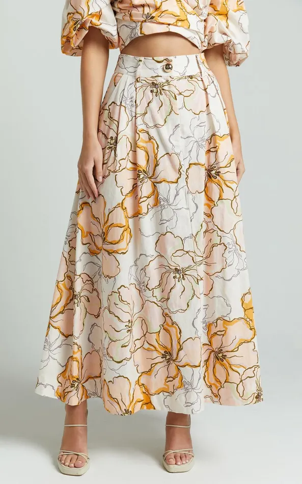 Showpo Amalie The Label 8211 Alienor Linen Blend High Waisted Midi Skirt In Maison Fleur Women Skirts