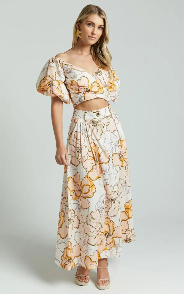 Showpo Amalie The Label 8211 Alienor Linen Blend High Waisted Midi Skirt In Maison Fleur Women Skirts