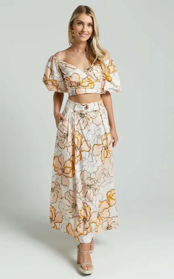 Showpo Amalie The Label 8211 Alienor Linen Blend High Waisted Midi Skirt In Maison Fleur Women Skirts