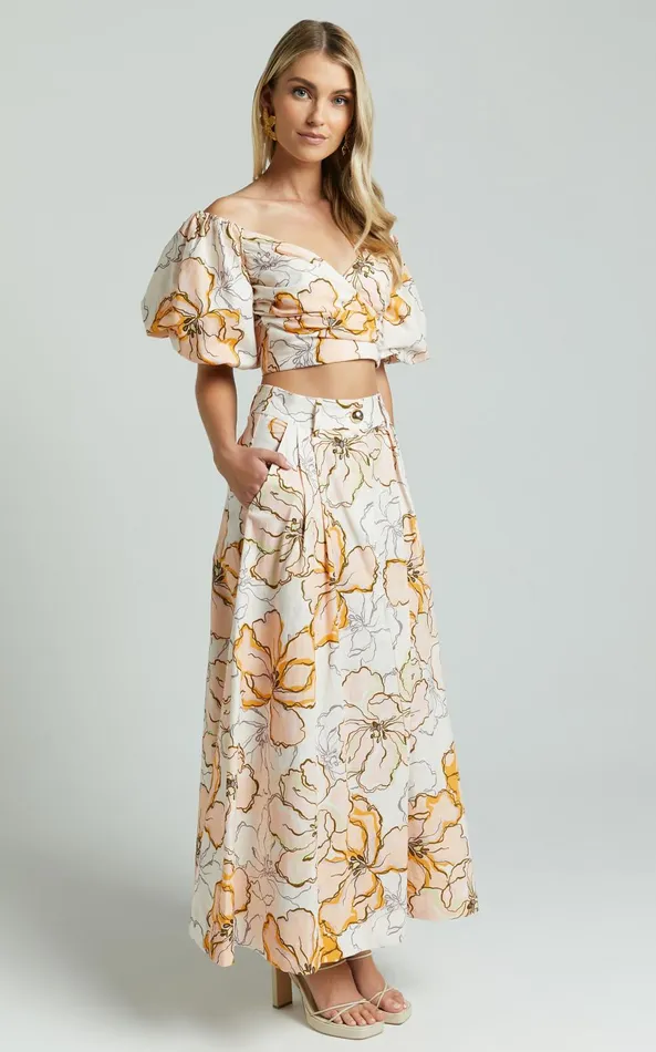 Showpo Amalie The Label 8211 Alienor Linen Blend High Waisted Midi Skirt In Maison Fleur Women Skirts