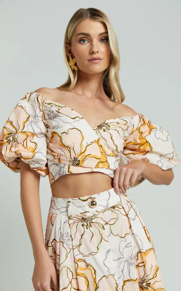 Showpo Amalie The Label 8211 Alizee Linen Blend Sweetheart Short Puff Sleeve Crop Top In Maison Fleur Women Tops