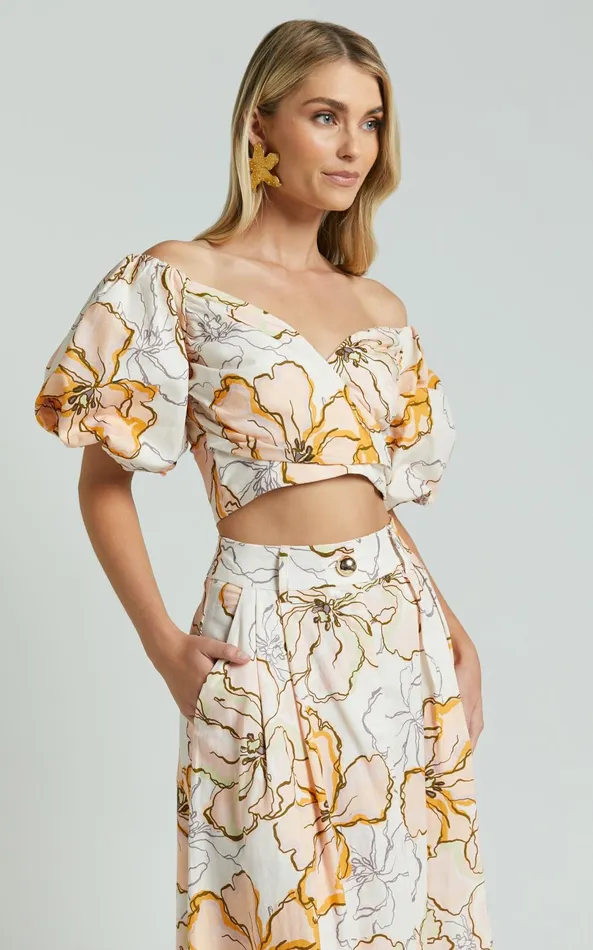 Showpo Amalie The Label 8211 Alizee Linen Blend Sweetheart Short Puff Sleeve Crop Top In Maison Fleur Women Tops