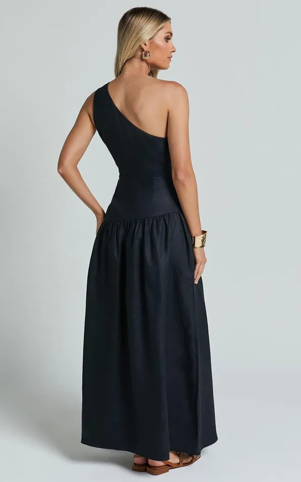 Showpo Amalie The Label 8211 Alorah Linen Blend One Shoulder Dress In Black Women Dresses