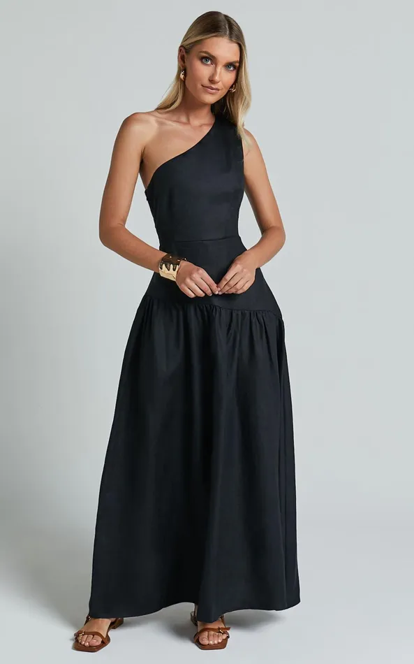 Showpo Amalie The Label 8211 Alorah Linen Blend One Shoulder Dress In Black Women Dresses