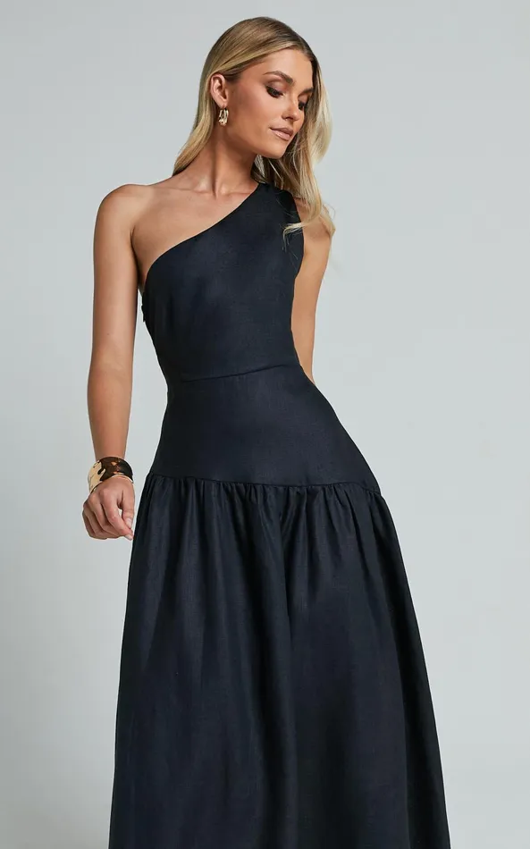 Showpo Amalie The Label 8211 Alorah Linen Blend One Shoulder Dress In Black Women Dresses