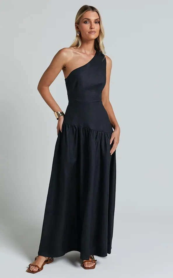 Showpo Amalie The Label 8211 Alorah Linen Blend One Shoulder Dress In Black Women Dresses