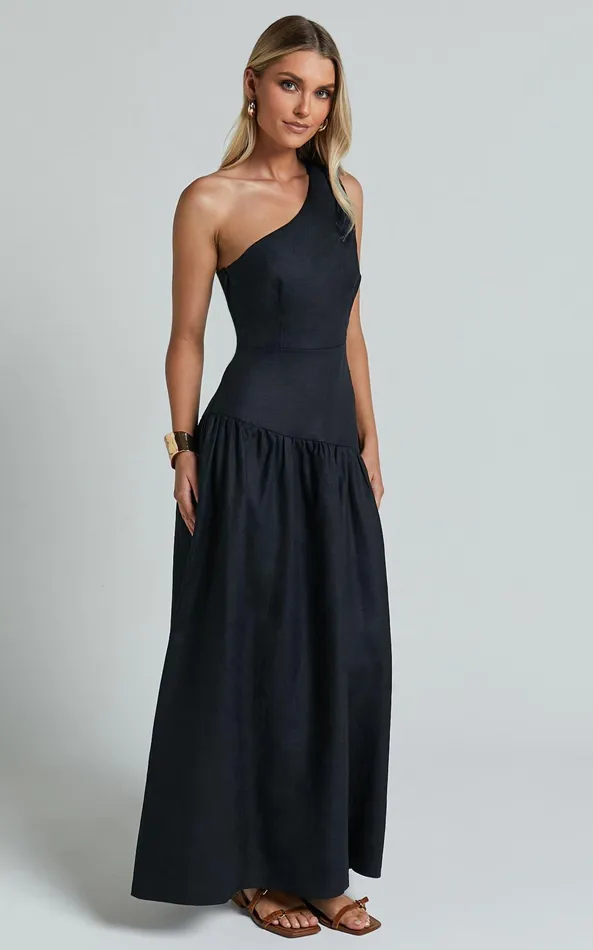 Showpo Amalie The Label 8211 Alorah Linen Blend One Shoulder Dress In Black Women Dresses