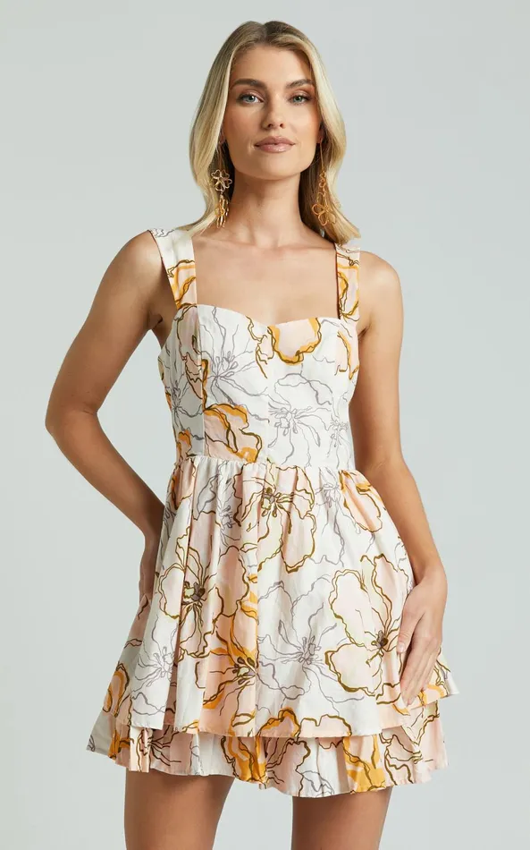 Showpo Amalie The Label 8211 Alsace Linen Blend Sweetheart Tie Back Fit And Flare Mini Dress In Maison Fleur Women Dresses