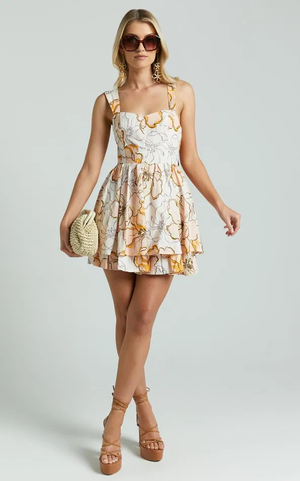 Showpo Amalie The Label 8211 Alsace Linen Blend Sweetheart Tie Back Fit And Flare Mini Dress In Maison Fleur Women Dresses